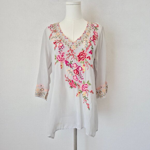 Johnny Was Floral Embroidered Semi Sheer Chiffon Tunic Blouse 3/4 Sleeve - Picture 1 of 14